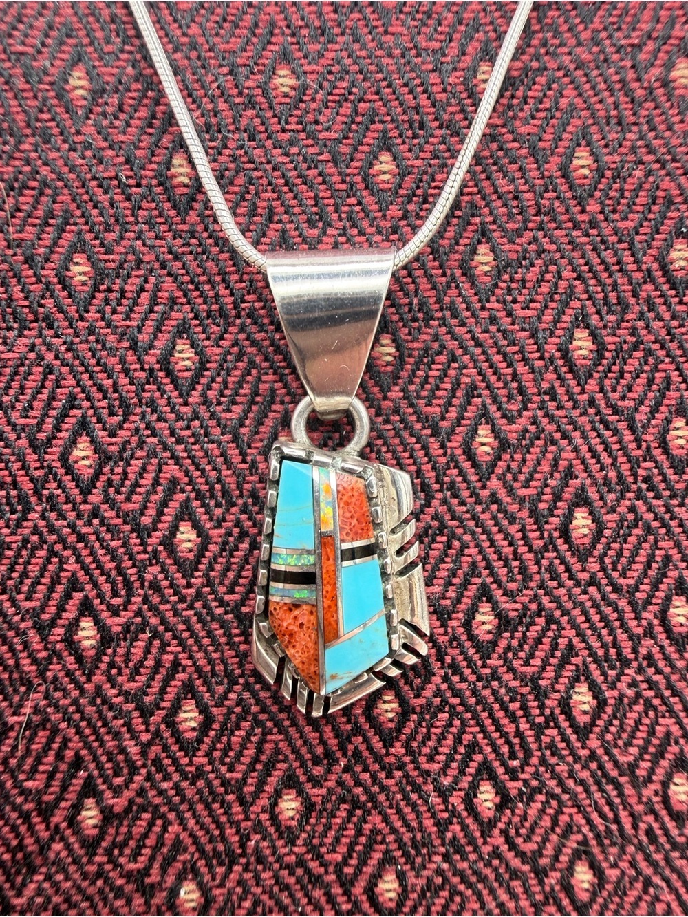 RARE Sterling Silver Turquoise/Coral/Onyx/Opal Southwest Style Native Pendant